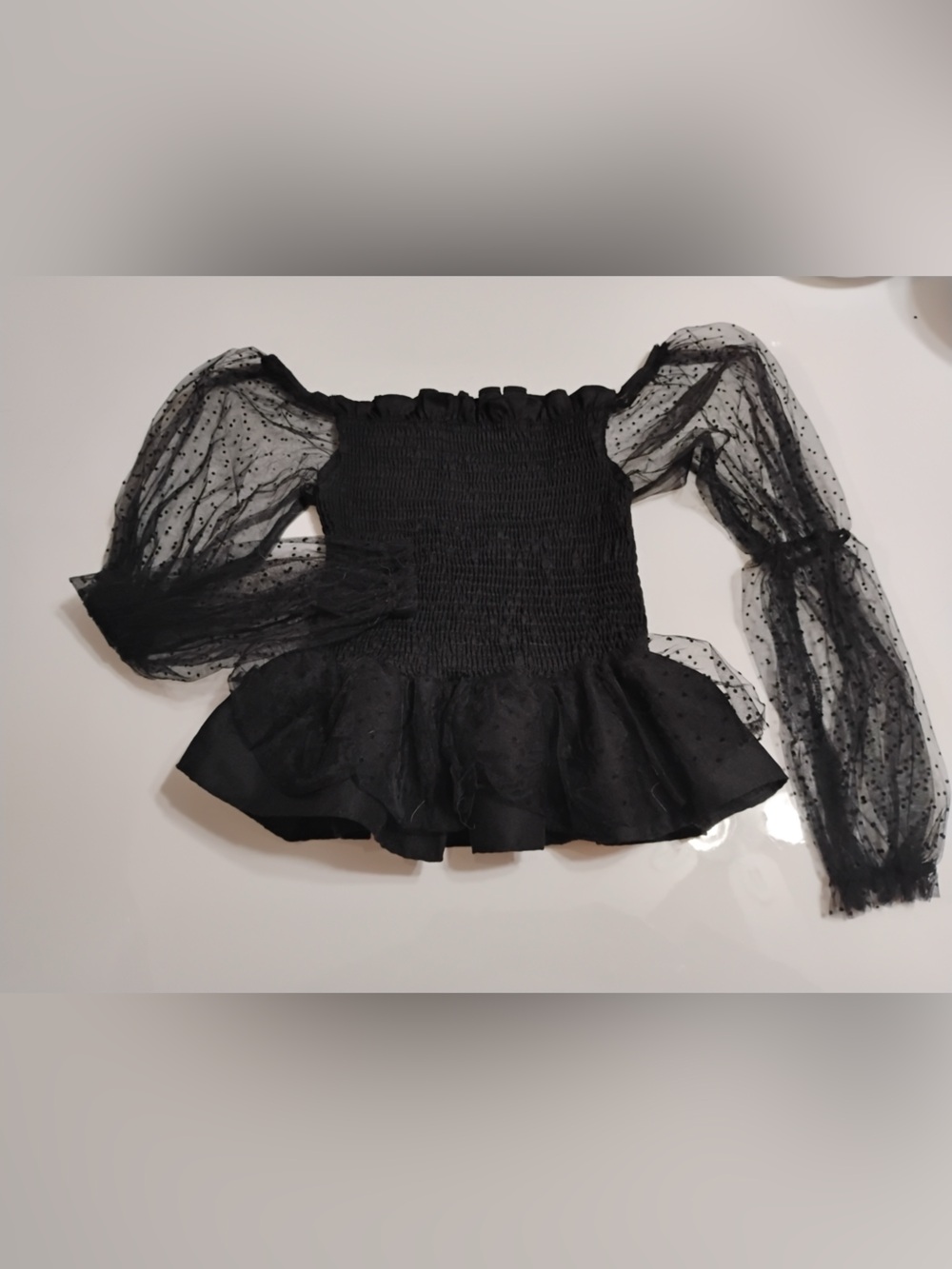 SHEIN Black Smocked Dot Mesh Puff Sleeve Top